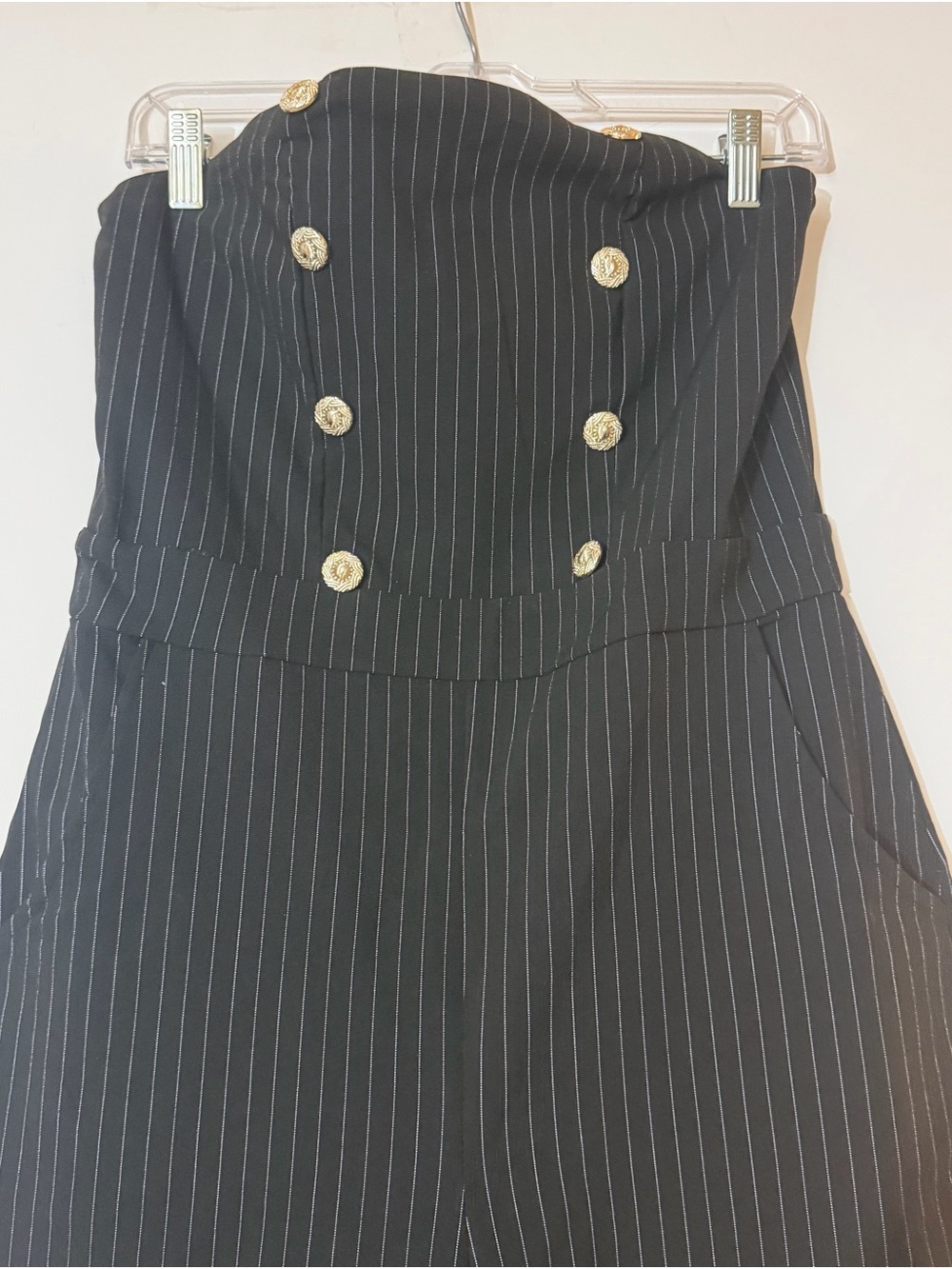 Strapless Black Pinstripe Jumpsuit with Gold Buttons